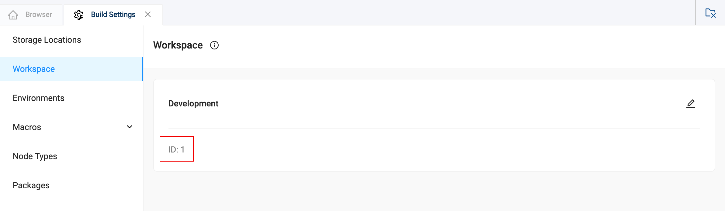 Workspace section under Build Settings in a Coalesce interface. It lists the Development workspace with ID 1.