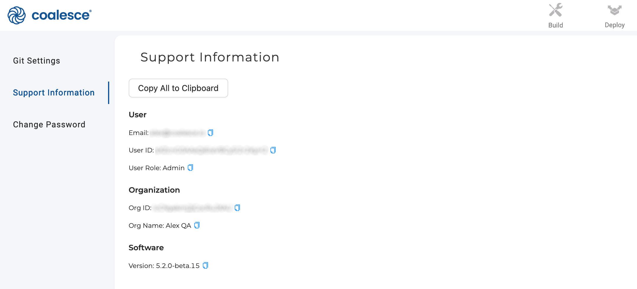 The Coalesce support information screen