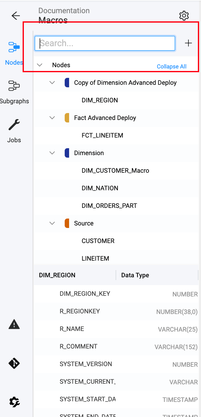 The image displays Coalesce's user interface, featuring a hierarchical list of nodes with expandable categories and a search bar. It shows a detailed view of the DIM_REGION node, listing fields like DIM_REGION_KEY, R_NAME, and SYSTEM_VERSION along with their corresponding data types.