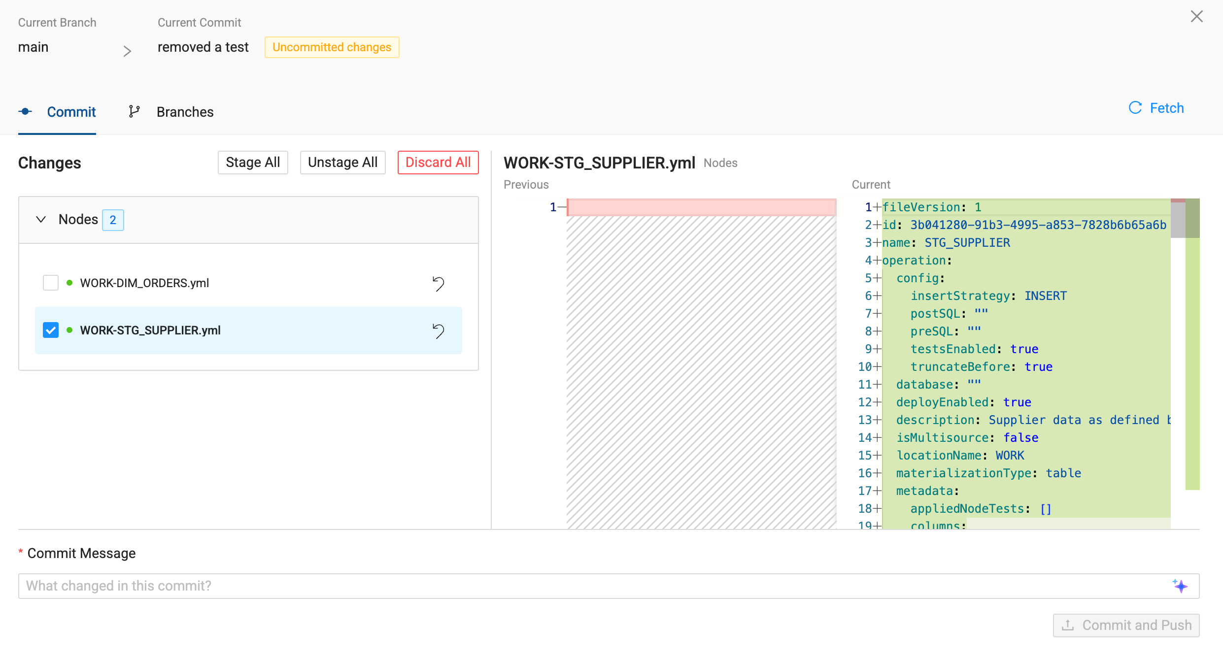 The QA-STG_SUPPLIER.yml file is staged and will be committed, while the data.yml is not staged and won’t be committed.