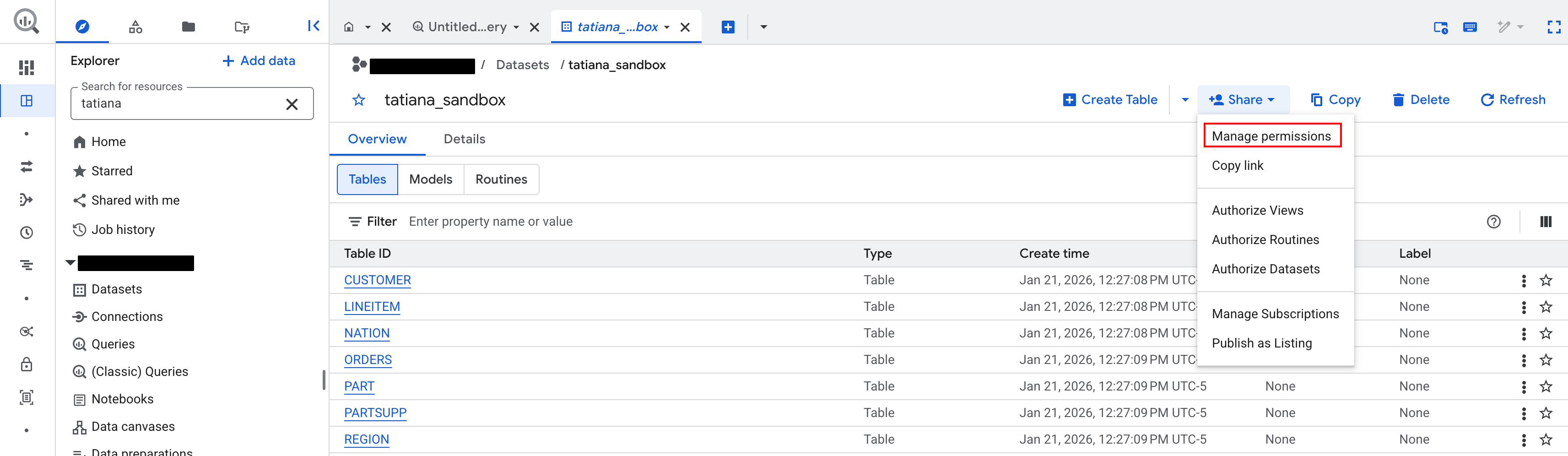 Google BigQuery console showing the  dataset overview, with the Share menu open and the Manage permissions option highlighted for the dataset.