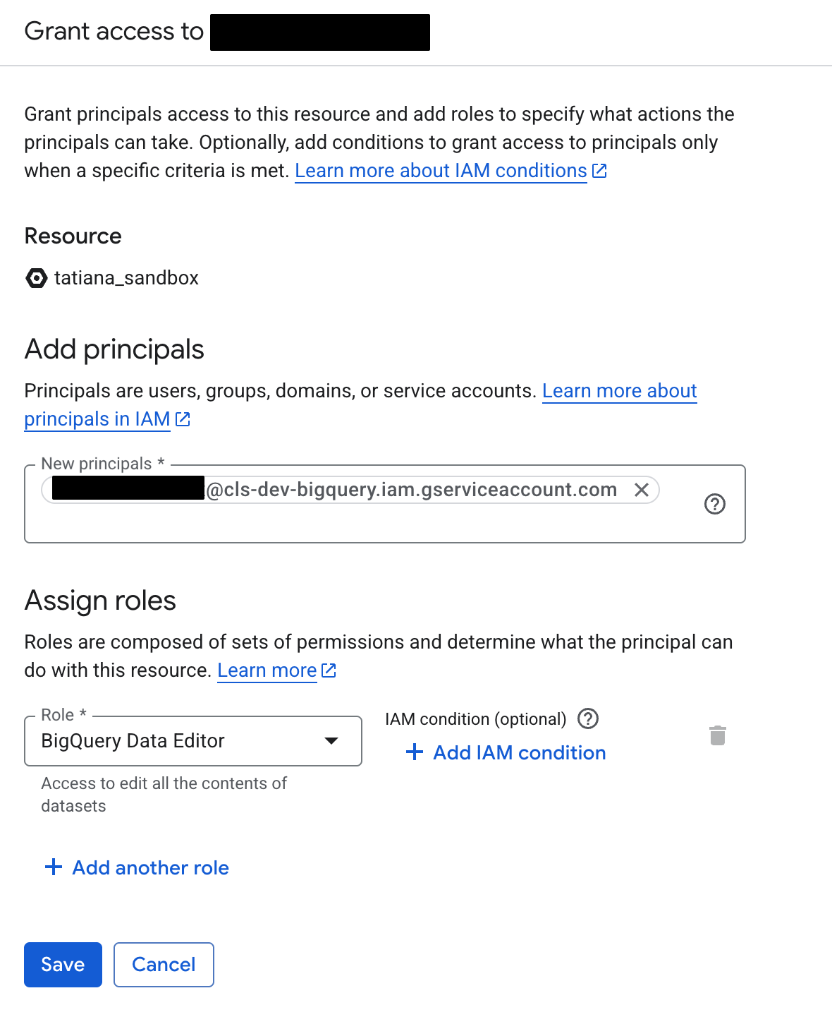 Google Cloud Console IAM dialog for granting access to a BigQuery dataset. A service account is added as a principal, and the BigQuery Data Editor role is selected under Assign roles, with options to add IAM conditions and save changes.
