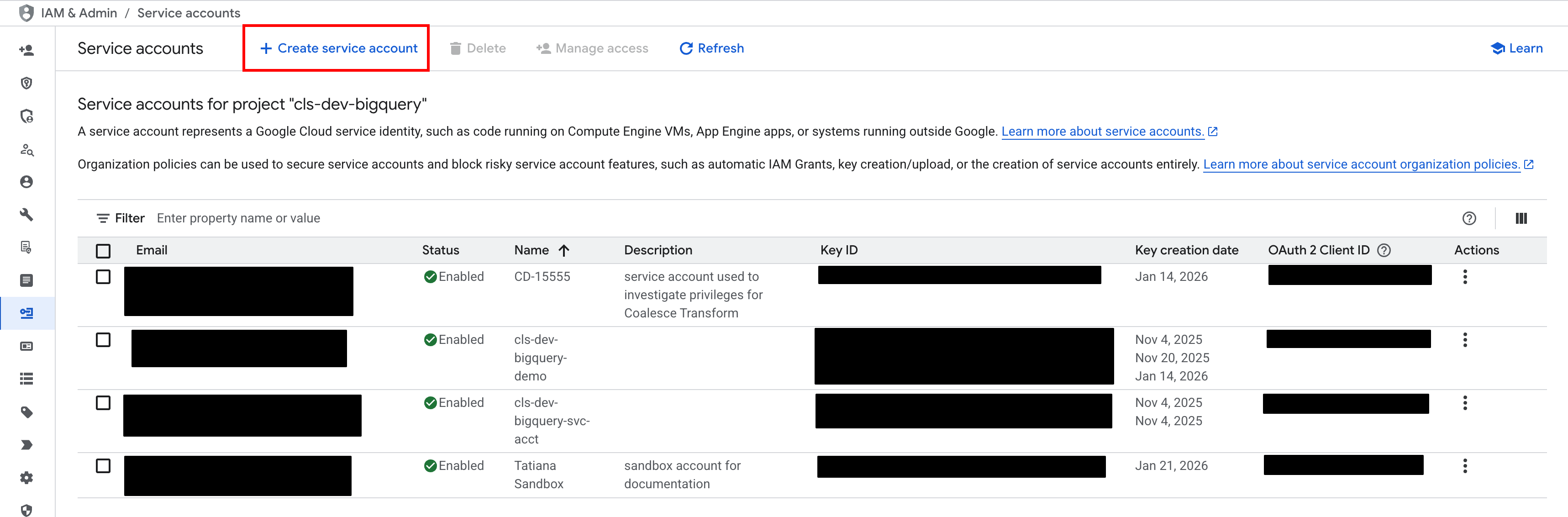Google Cloud Console IAM & Admin Service accounts page showing a list of service accounts for a project, with the Create service account button highlighted at the top.