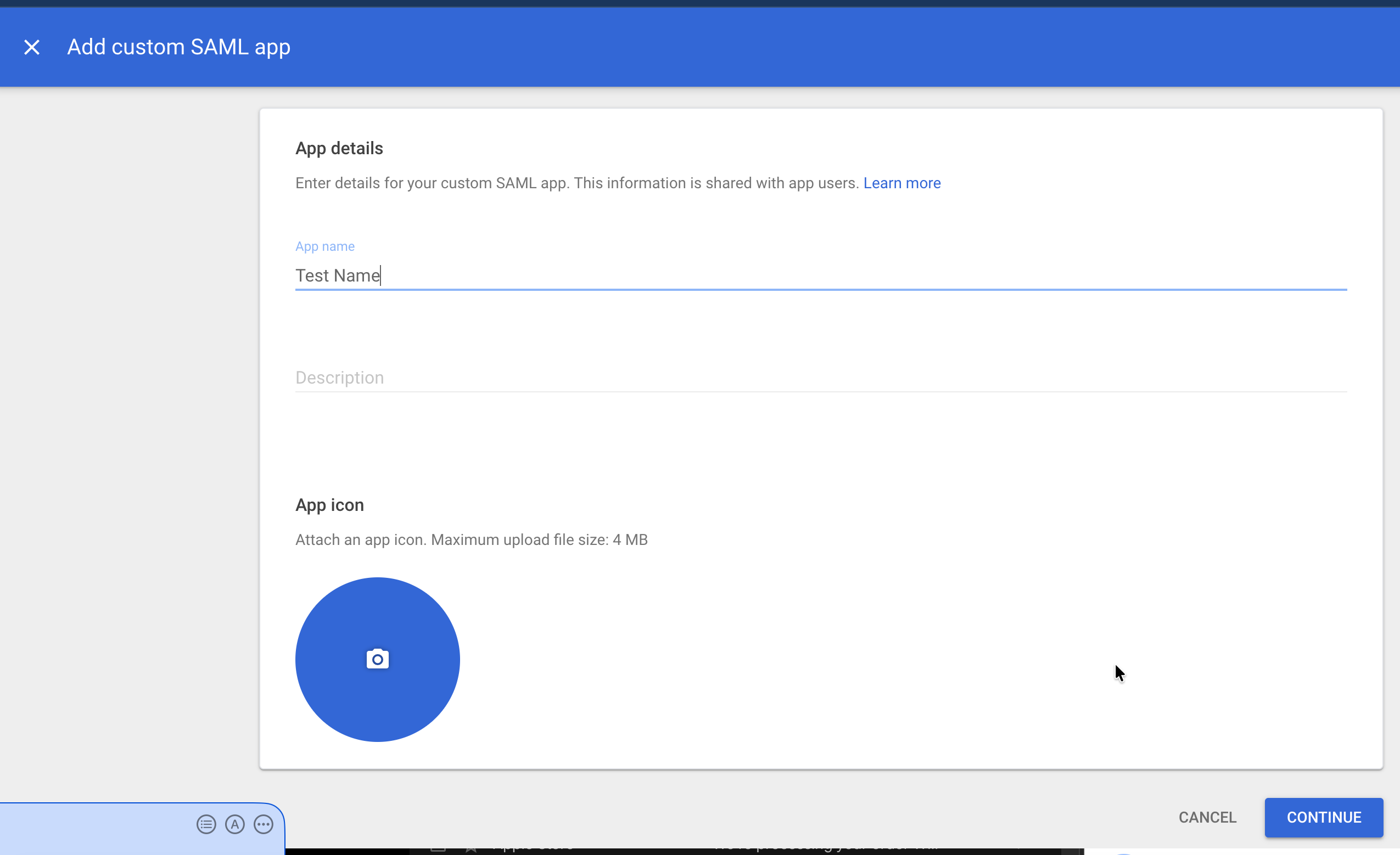Google Workspace Add custom SAML app form showing App details (name, description) and App icon upload.
