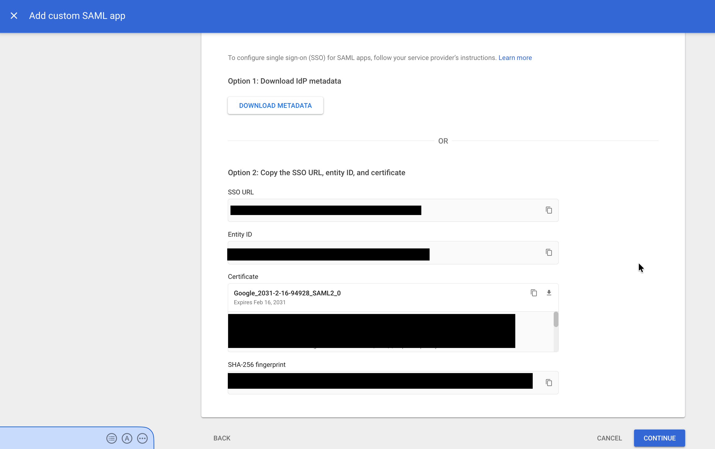 Google Workspace SAML app configuration page showing IdP metadata download and SSO URL, Entity ID, certificate, and SHA-256 fingerprint fields.