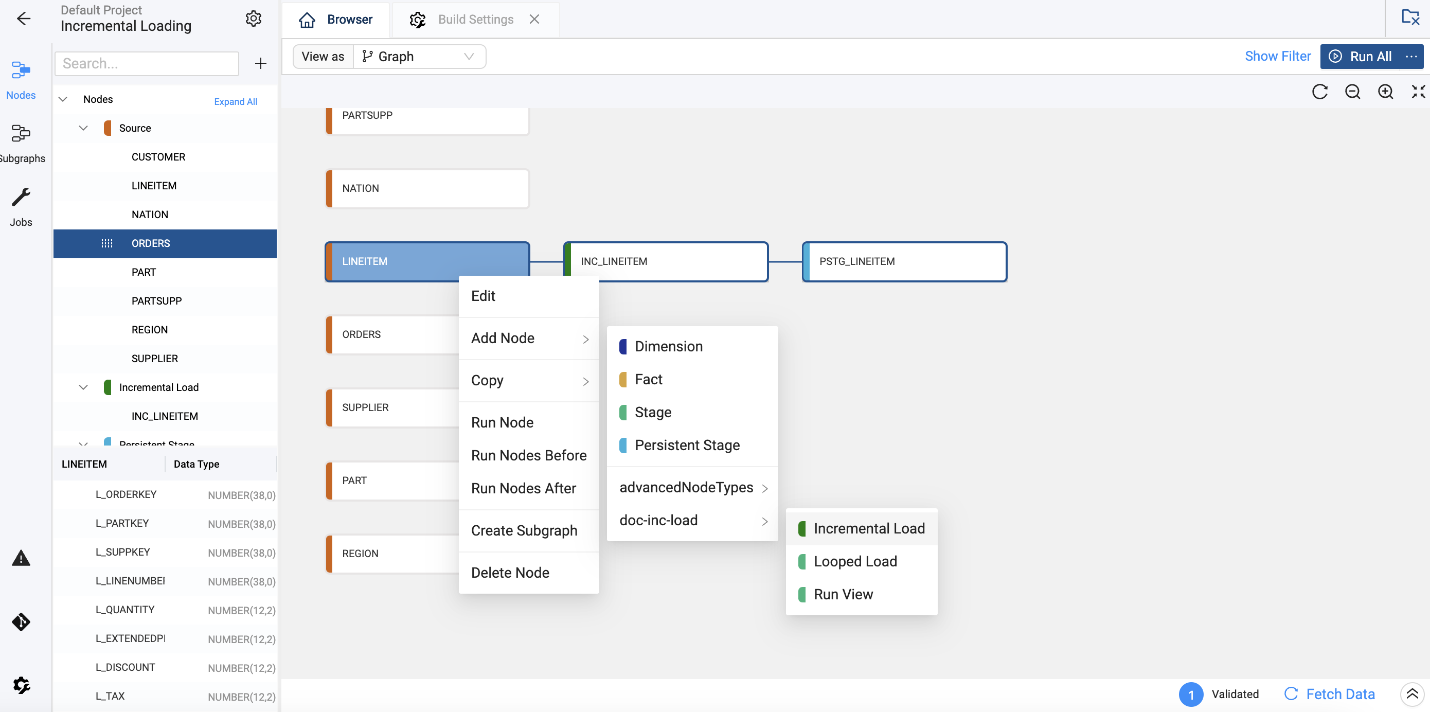 The main view displays a graph of connected nodes representing different data sources and processing steps, with a sidebar listing various nodes and their properties, and a context menu offering options to edit, add, or manipulate nodes.