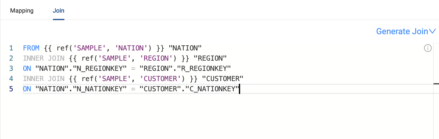 The image shows a SQL join statement in Coalesce. It performs inner joins between the NATION, REGION, and CUSTOMER tables based on the N_REGIONKEY and C_NATIONKEY columns. The joins are defined using references to the SAMPLE schema for NATION, REGION, and CUSTOMER.