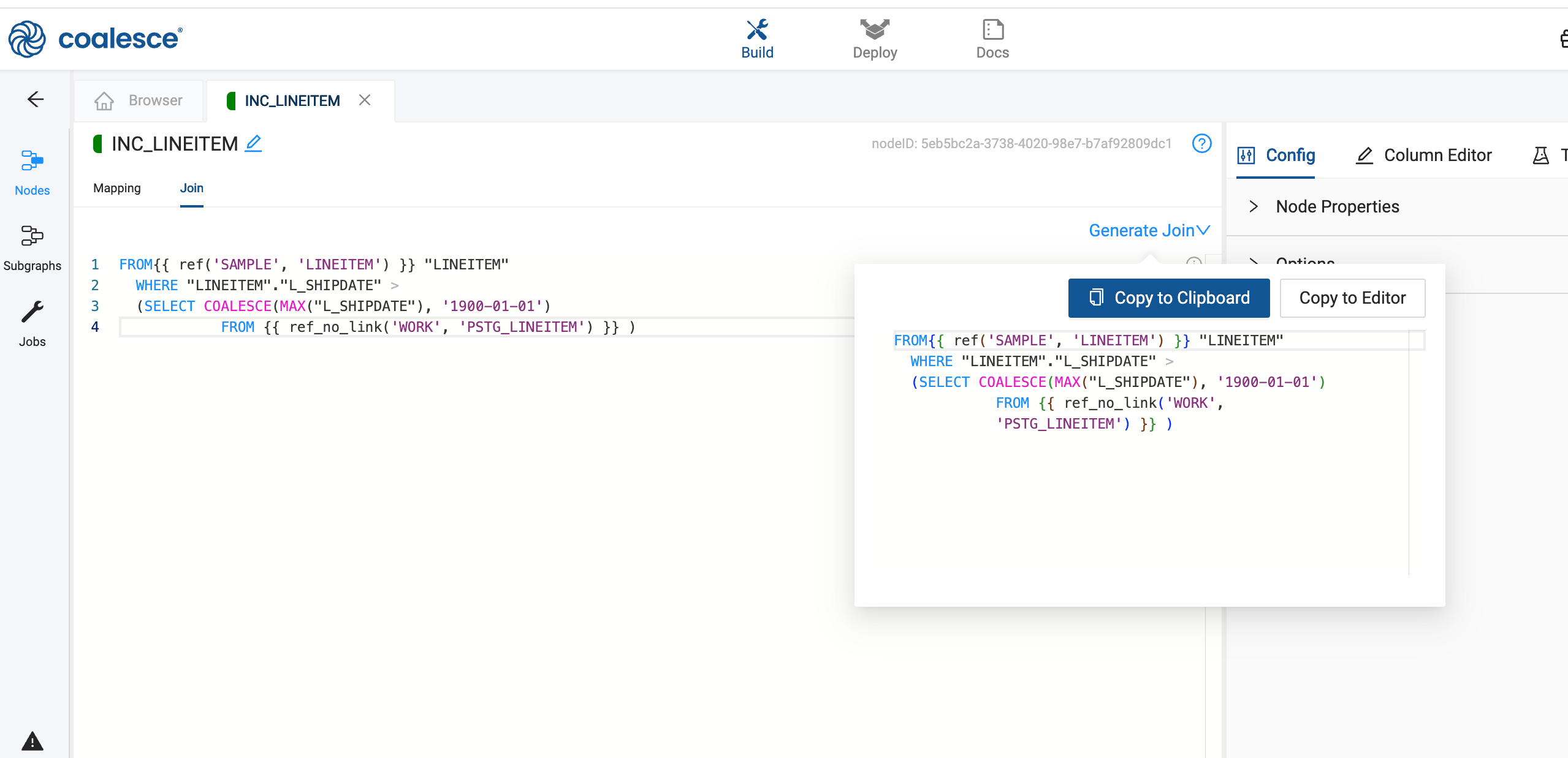 This image shows the Coalesce interface focused on the INC_LINEITEM node. The main section displays a SQL-like query that joins and filters data from the LINEITEM table. The query uses functions like ref, COALESCE, and MAX to manipulate the data, specifically working with the L_SHIPDATE column. The interface includes options for mapping and joining data, as well as a Config tab with Node Properties. There are buttons for generating joins, copying to clipboard, and copying to editor. The top of the interface shows navigation options for Build, Deploy, and Docs.