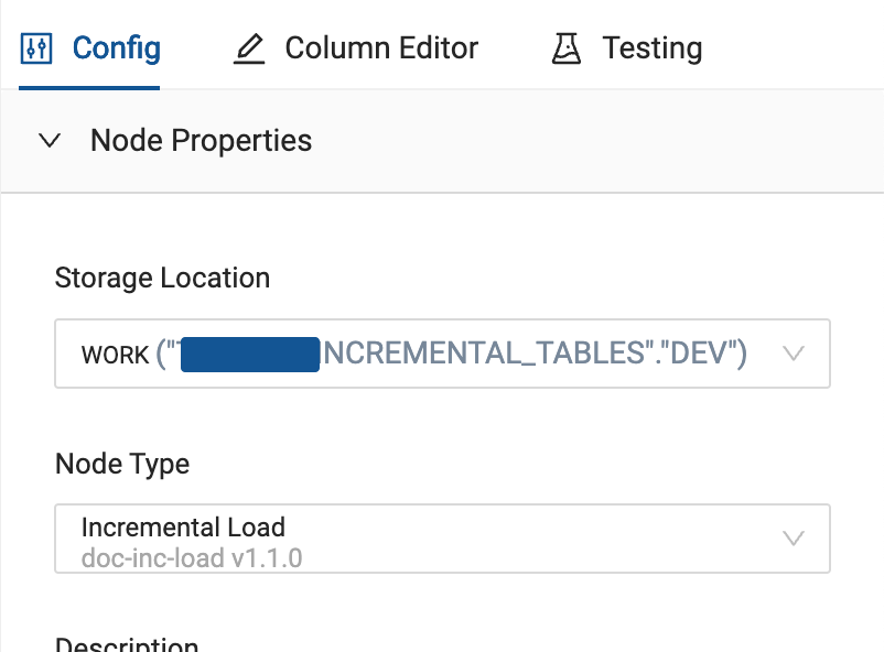 This image shows a configuration interface from Coalesce, focusing on the Node Properties section. It displays settings for a node, including the Storage Location set to a work database with incremental tables in the DEV environment, and the Node Type specified as Incremental Load using version 1.1.0 of the doc-inc-load feature.