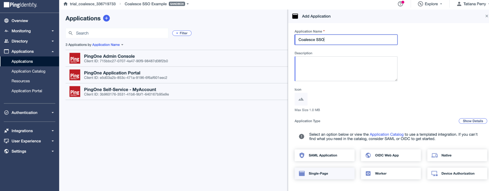 Add new application in Ping Identity