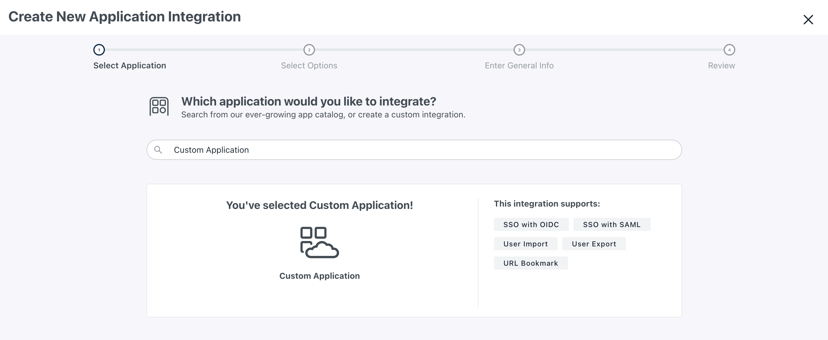 The image shows the JumpCloud interface for creating a new application integration. It highlights the selection of a custom application and displays integration options, including SSO with OIDC, SSO with SAML, user import/export, and URL bookmark.