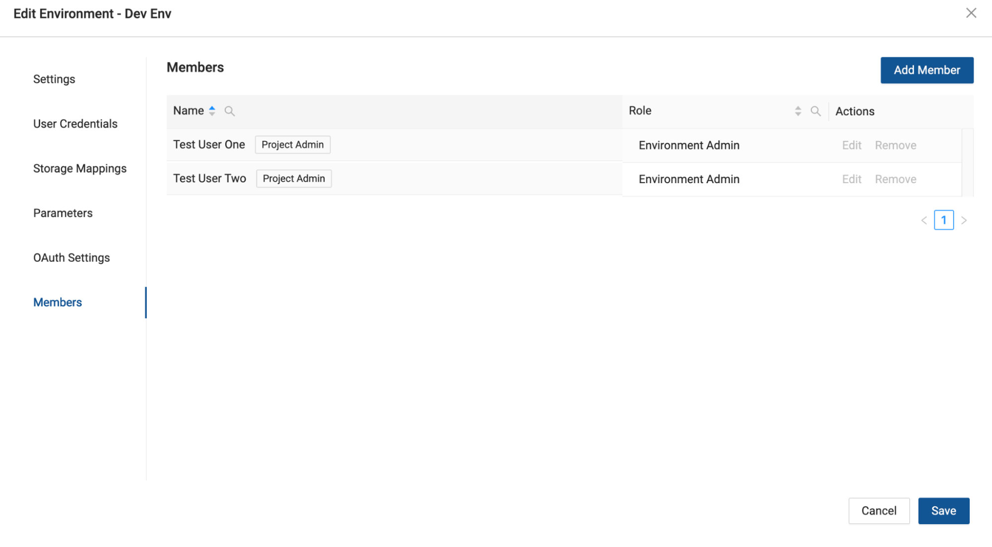 This image shows the Edit Environment screen, where the user can manage members of the environment. The screen lists members with their roles, such as Project Admin and Environment Admin, and provides options to edit or remove members. There is also an Add Member button and the option to save changes.