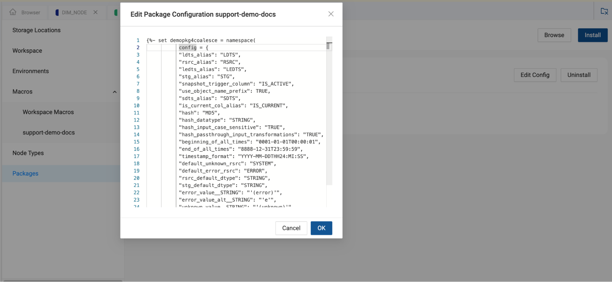 The package configuration screen allows users to edit the configuration settings of an installed package. Users can define various parameters such as aliases, hash settings, timestamp formats, and default values to customize the package behavior. This feature ensures that the package operates according to specific project requirements and standards.