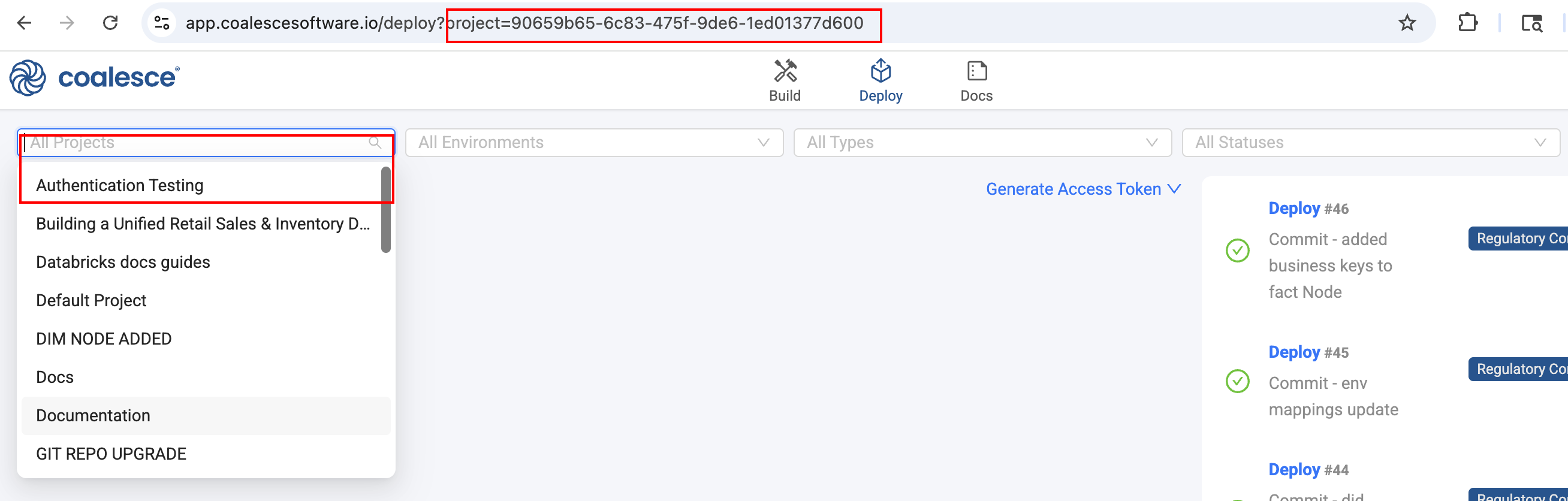 A screenshot of the Coalesce application's user interface. Red boxes highlight the unique project ID in the browser's address bar and the project selection dropdown menu on the left side of the page.