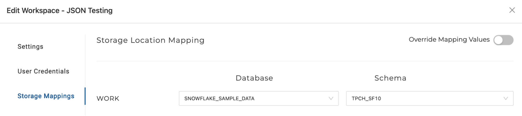 Work points to the Storage Mapping NOWFLAKE_SAMPLE_DATA.TPCH_SF10