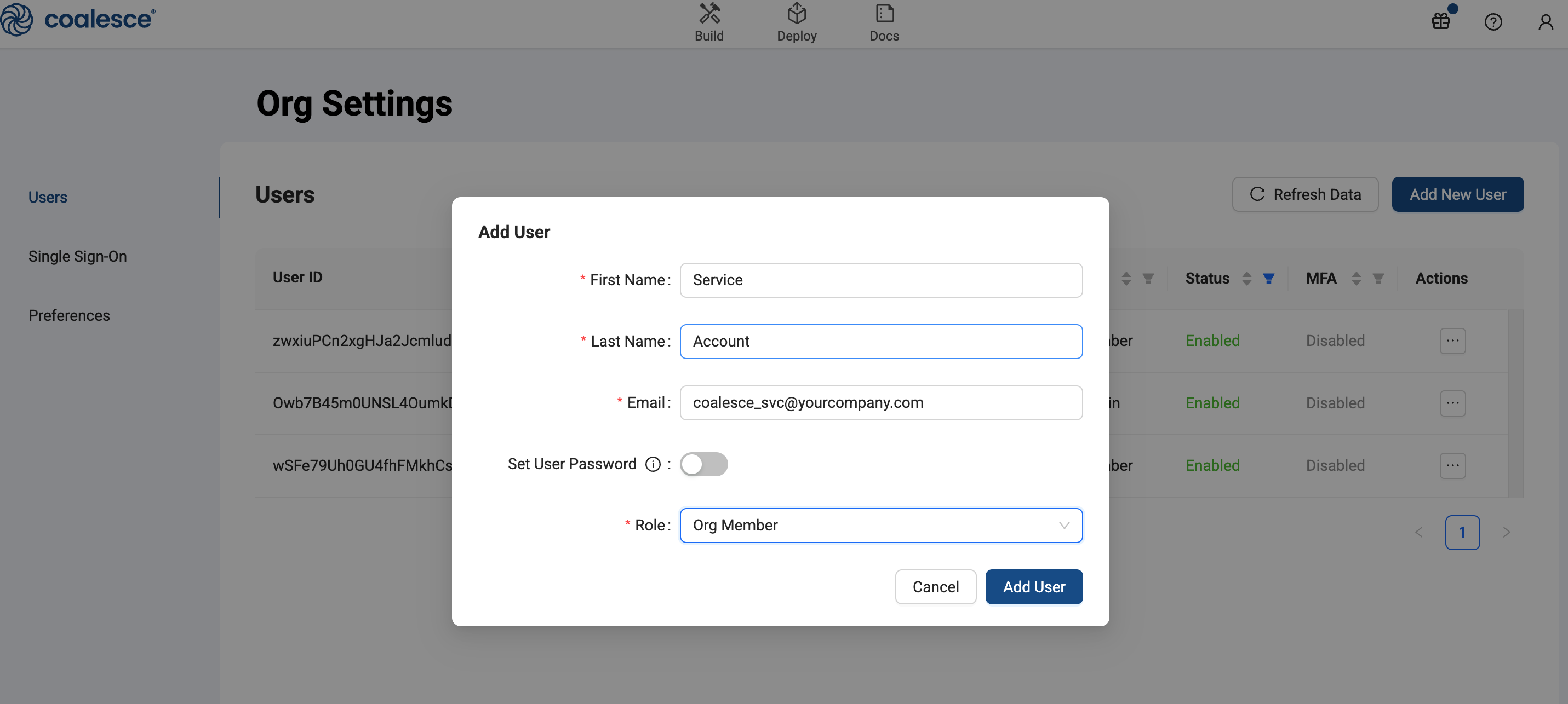 Org Settings page showing a modal dialog to add a new user, with fields for first name, last name, email, password option, and role selection. ‘Service Account’ is entered as the name, and the role is set to Org Member.
