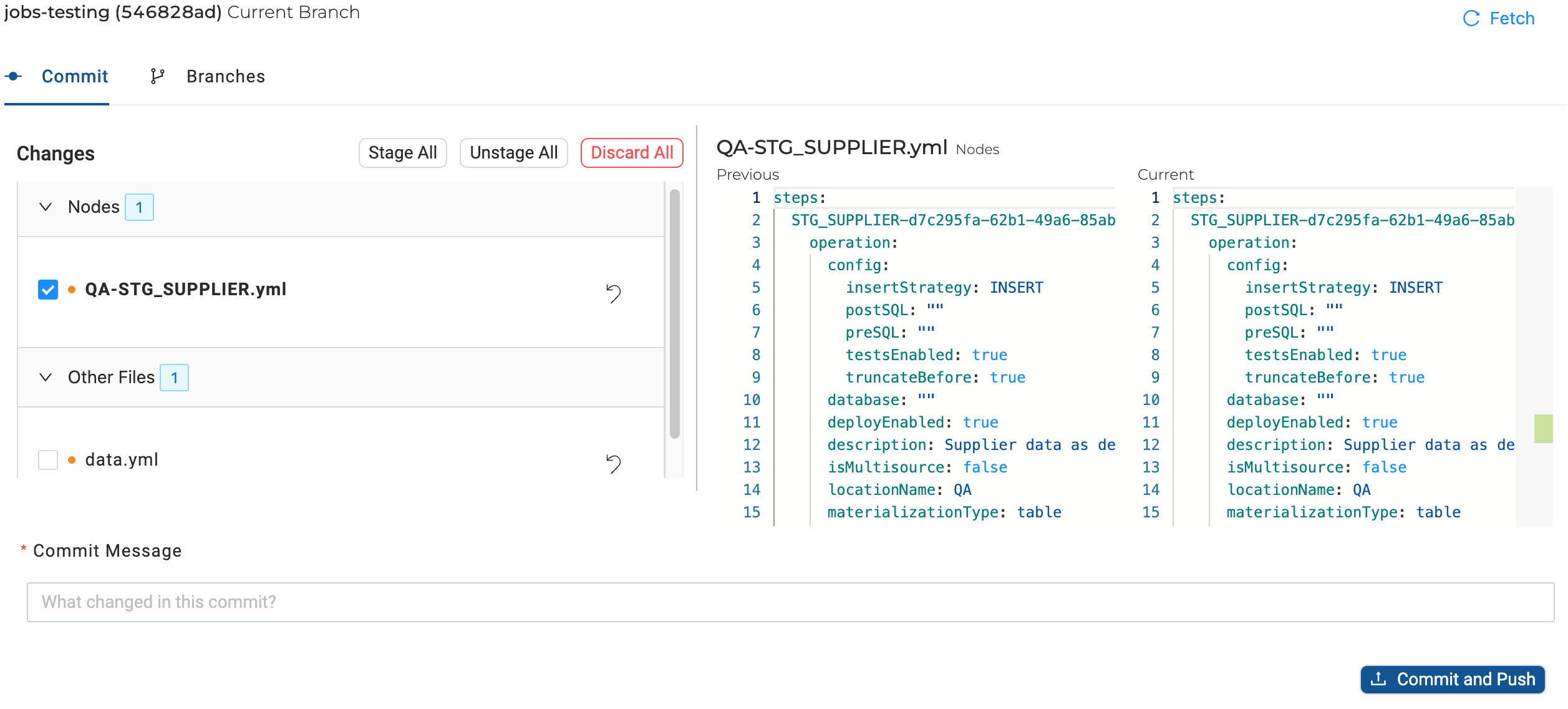 The QA-STG_SUPPLIER.yml file is staged and will be committed, while the data.yml is not staged and won’t be committed.