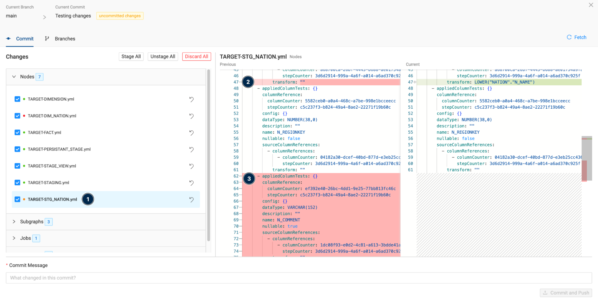 The image is a screenshot of a code editor. The code editor displays a file named TARGET-STG_NATION.yml, formatted in YAML. The file comprises a series of nodes, each with a distinct name, description, and a set of properties delineated in key-value pairs.