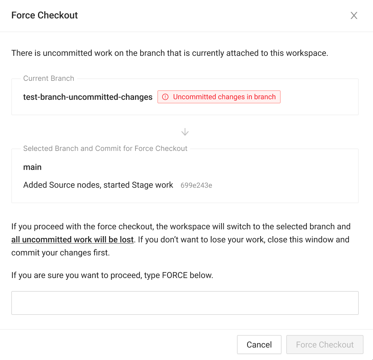 A dialog box with a warning message about uncommitted changes in the current branch. The dialog box has two sections. The first section shows the current branch and the uncommitted changes. The second section shows the selected branch and commit for force checkout. There are two buttons at the bottom of the dialog box: Cancel and Force Checkout.