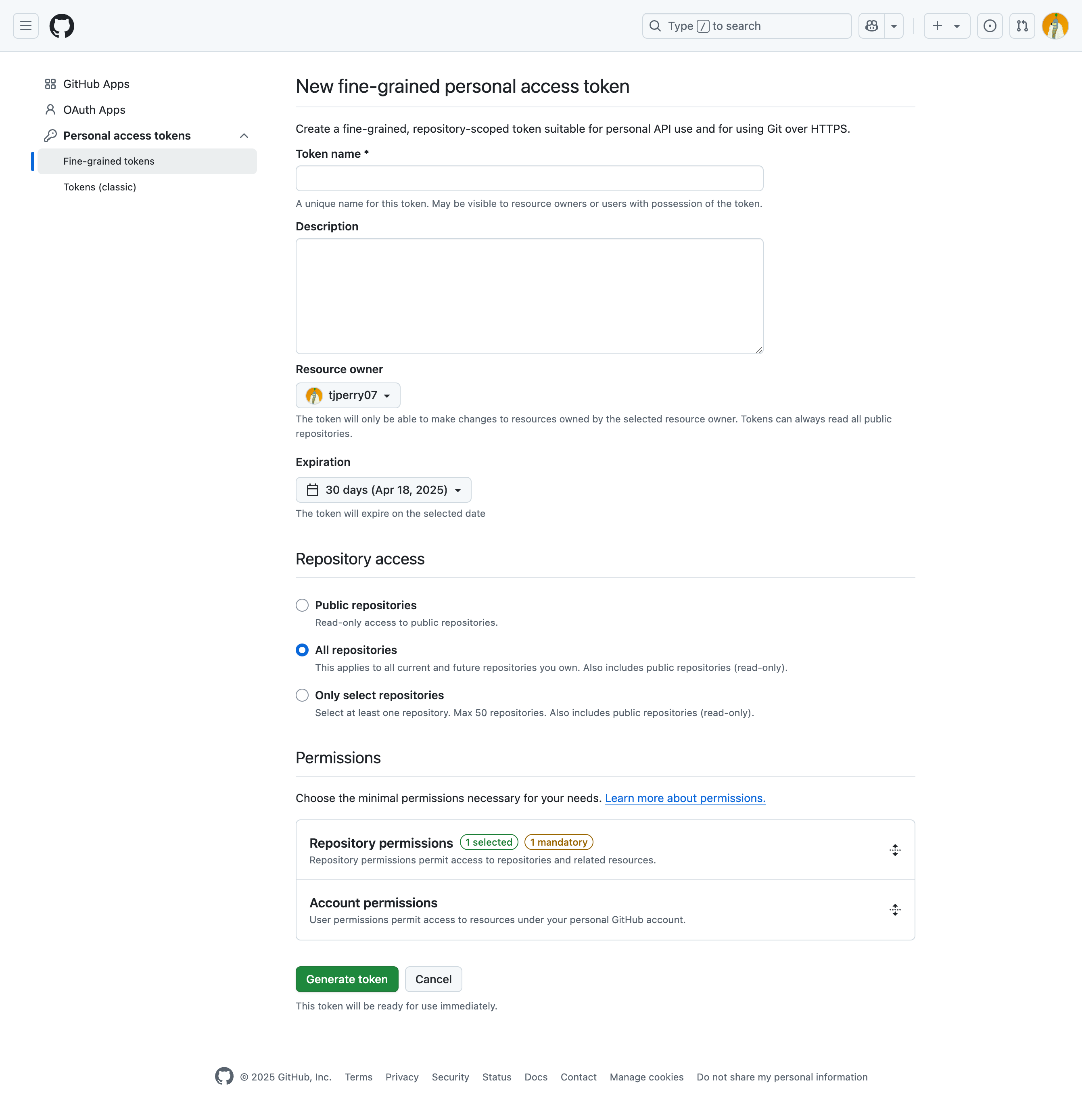 The image shows a GitHub interface for creating a new fine-grained personal access token. The form includes fields for token name, description, resource owner (set to GitHub user), expiration period (30 days), repository access options (with All repositories selected), and permission settings with repository and account permissions sections visible at the bottom.
