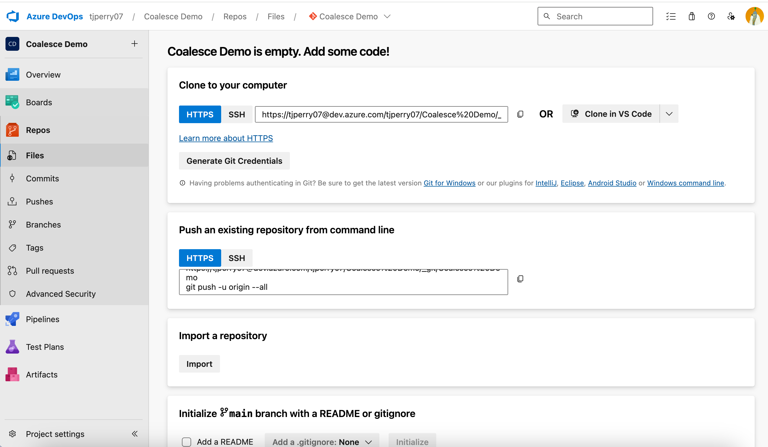 The image shows an Azure DevOps repository page for an empty project called "Coalesce Demo." The main content area displays "Coalesce Demo is empty. Add some code!" with several options for getting started: cloning to a local computer (with HTTPS/SSH options), pushing an existing repository from command line, importing a repository, or initializing the main branch with a Readme or gitignore file. The left sidebar contains navigation links for project features like Overview, Boards, Repos, Files, Commits, and Pipelines. The breadcrumb navigation at the top shows the path: Azure DevOps > tjperry07 > Coalesce Demo > Repos > Files.