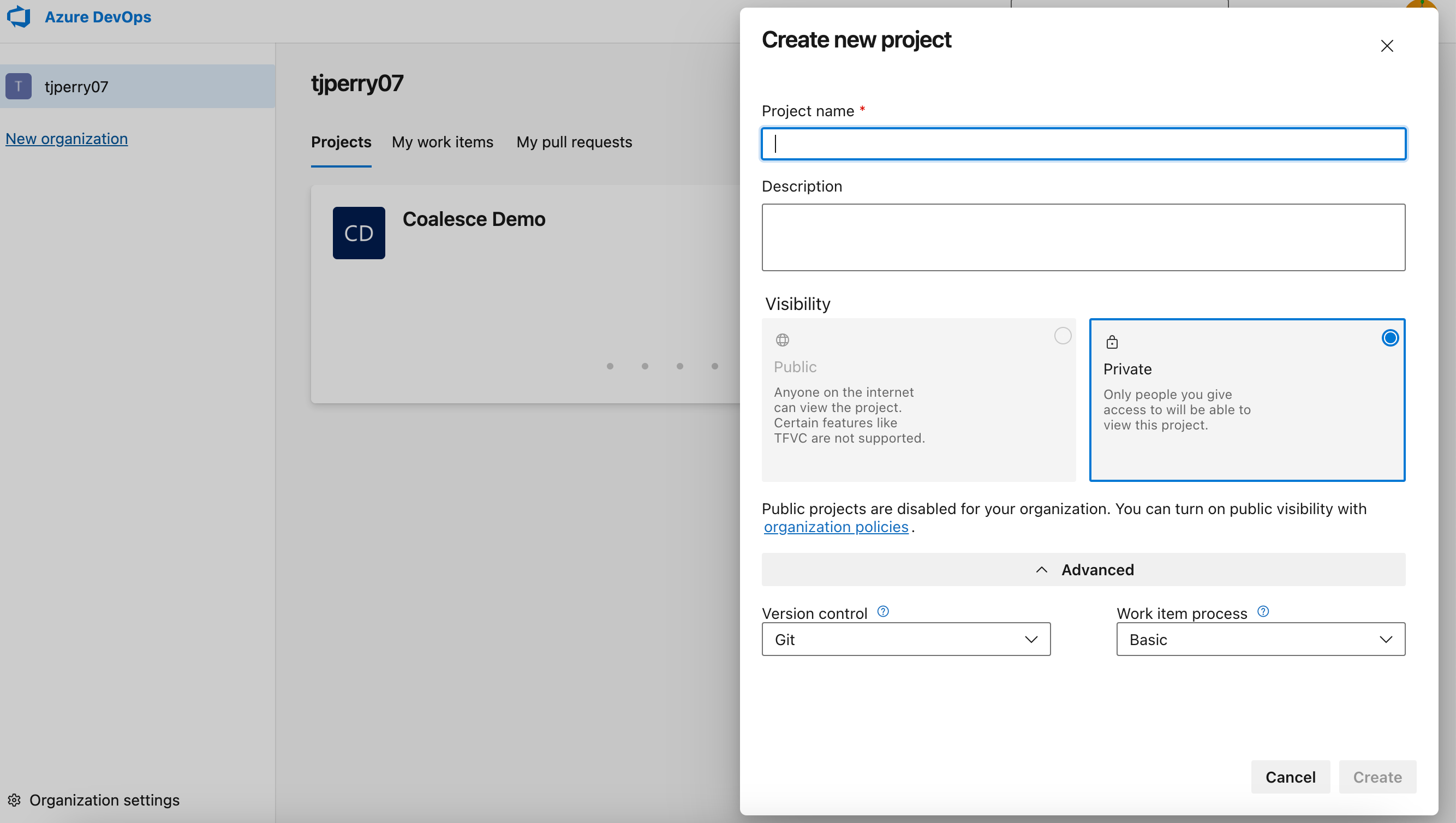 The image shows the Azure DevOps interface with a "Create new project" modal dialog open. In the background, a user profile page for "tjperry07" is visible with tabs for Projects, My work items, and My pull requests, showing a "Coalesce Demo" project with the initials "CD". The dialog prompts for a project name (required field marked with an asterisk), description, and visibility settings. The Private option is selected, with a note indicating "Public projects are disabled for your organization." Git is selected for version control and Basic for work item process.