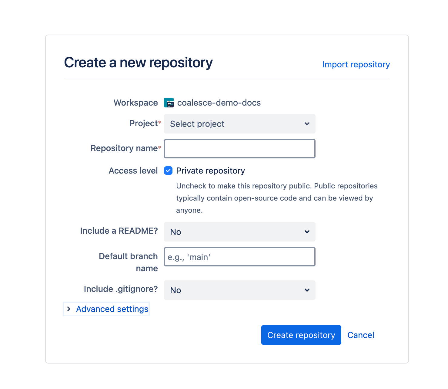 The image shows a Bitbucket Create a new repository form. The workspace is set to coalesce-demo-docs with fields for selecting a project, entering a repository name, and configuring settings. The form includes options for privacy (Private is checked), adding a Readme (No), specifying a default branch name, and including a .gitignore file (No). There's also a collapsible Advanced settings section and buttons for Create repository and Cancel.