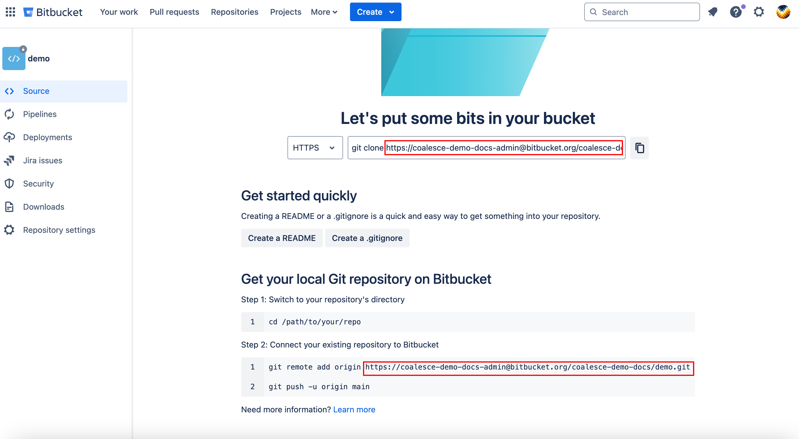 The image shows a Bitbucket repository page for a newly created demo repository. The main area displays Let's put some bits in your bucket with instructions for getting started. It shows options to clone the repository via HTTPS, create a Readme or .gitignore file, and provides step-by-step commands for connecting a local Git repository to Bitbucket. The left sidebar contains navigation links for Source, Pipelines, Deployments, Jira issues, and other repository management options.