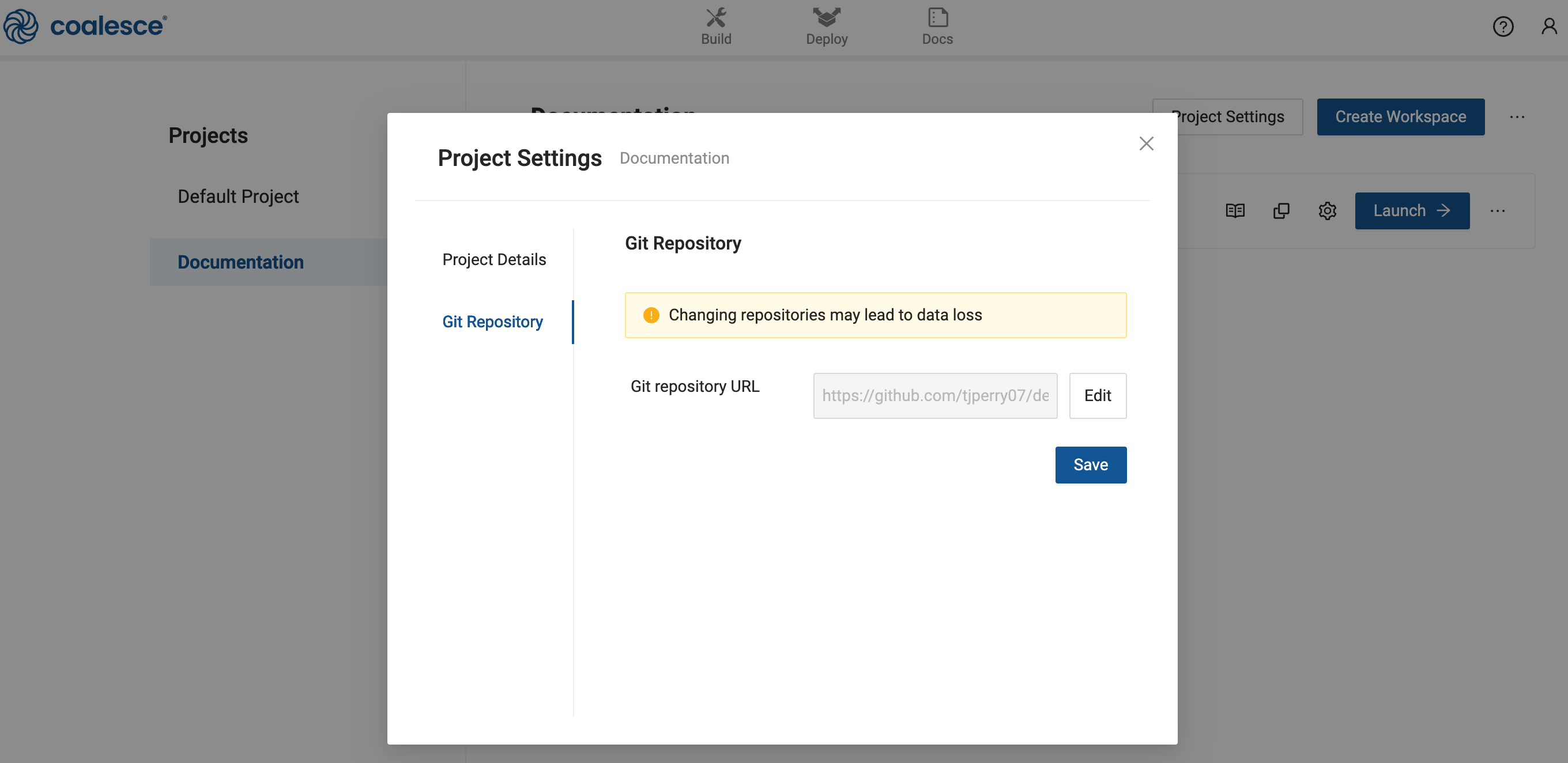 The image shows a Coalesce interface with a focus on the Project Settings dialog for the Default Project. The Git Repository tab is selected, displaying a warning message that changing repositories may lead to data loss. Below the warning, there is a field for the Git repository URL with options to edit or save the URL.