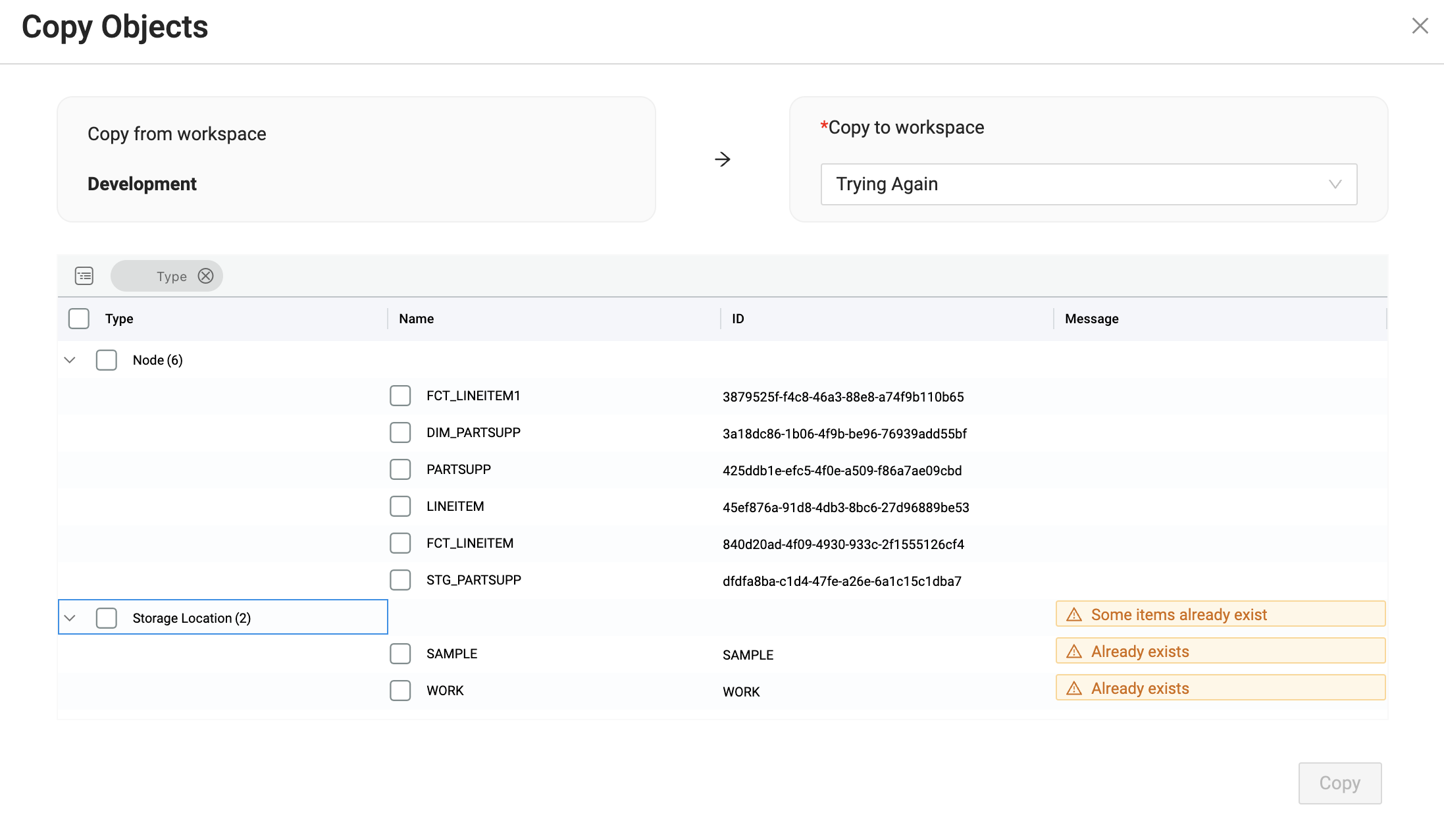 The image shows a Copy Objects interface where users can copy objects from the Development workspace to another workspace named Trying Again. It lists several nodes and storage locations, with warnings indicating that some items already exist in the destination workspace. The copy button is available but not currently active.