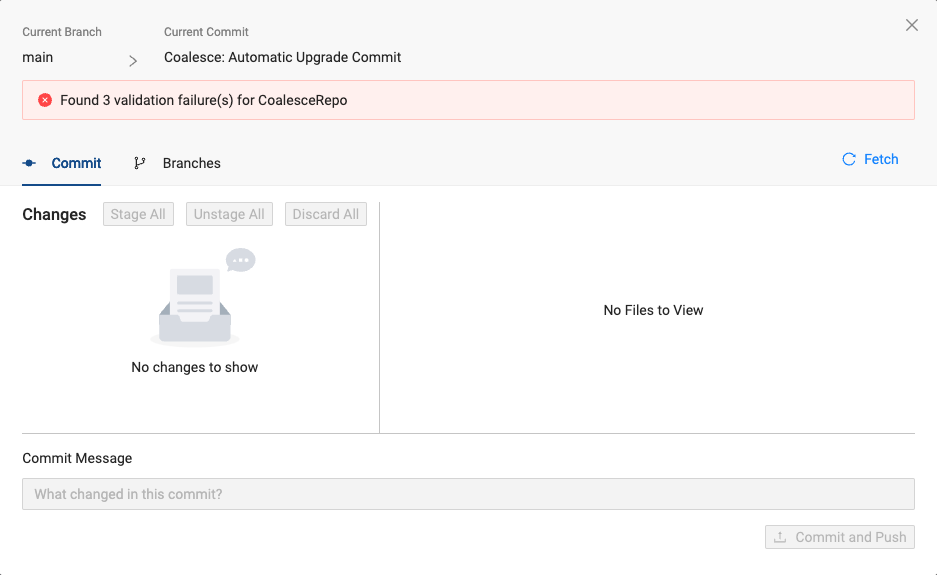 The image shows a user interface of a version control system displaying a commit panel. A red error message states, Found 3 validation failure(s) for CoalesceRepo.