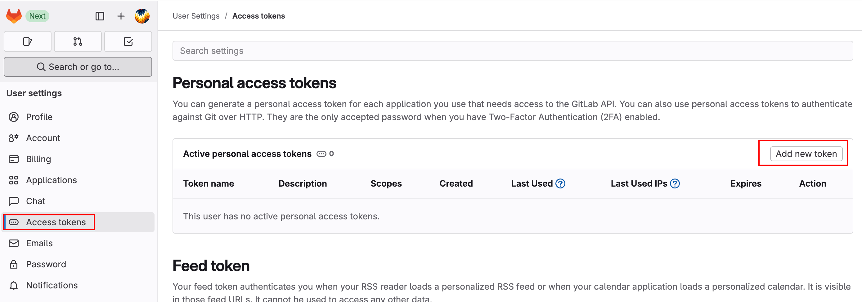 A GitLab user settings page displaying the Personal access tokens section. The interface shows "This user has no active personal access tokens" in the table, with Access tokens highlighted in the left sidebar and an "Add new token" button highlighted in red on the right side.