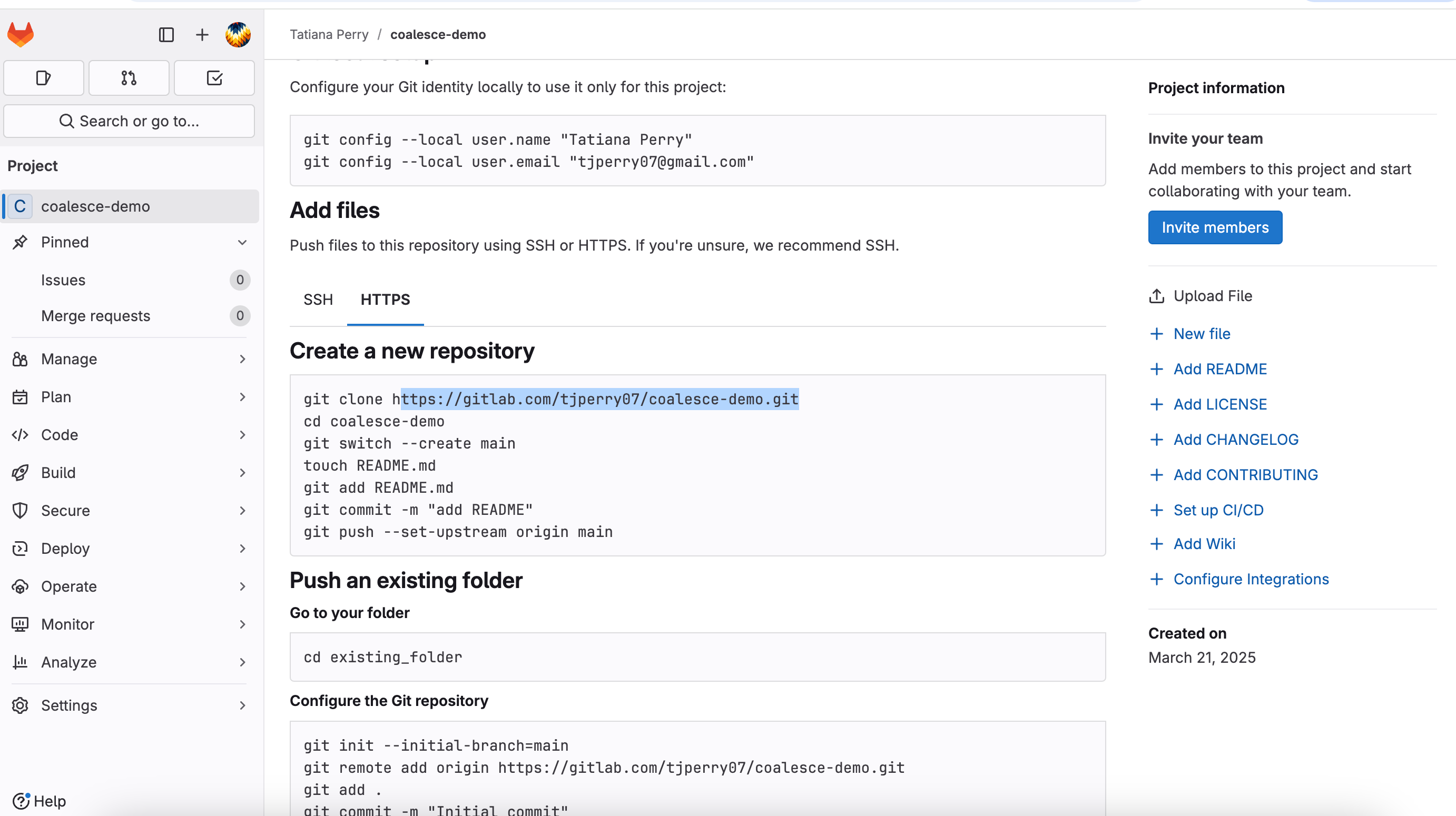 A GitLab project setup page for a newly created "coalesce-demo" repository. The page shows Git configuration commands, repository setup instructions with tabs for SSH and HTTPS methods, and code snippets for creating a new repository or pushing an existing folder. The right panel displays project information, team invitation options, and file creation shortcuts.