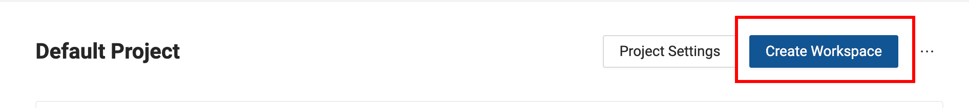 The image shows a portion of the Default Project interface with the Create Workspace button highlighted. This button is positioned next to the Project Settings button, indicating that users can create a new workspace within this project by clicking it.