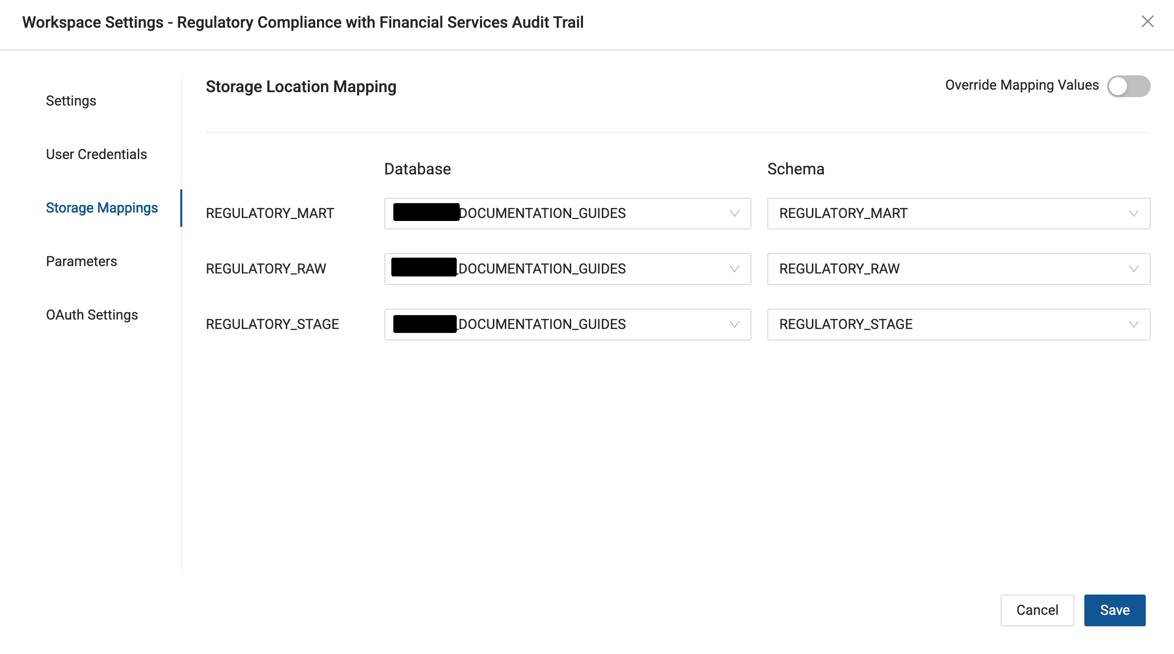 This shows workspace settings for Regulatory Compliance with Financial Services Audit Trail. The Storage Location Mapping section displays three database mappings: REGULATORY_MART, REGULATORY_RAW, and REGULATORY_STAGE, each connected to DOCUMENTATION_GUIDES database with corresponding schemas.