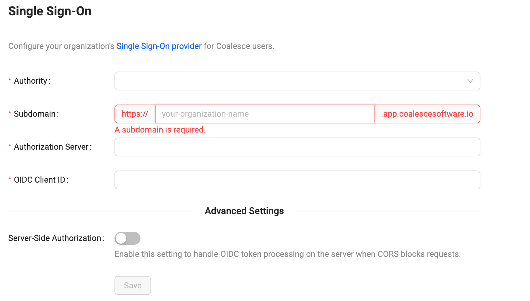 Single Sign-On configuration form header showing Authority and Subdomain fields with Other selected