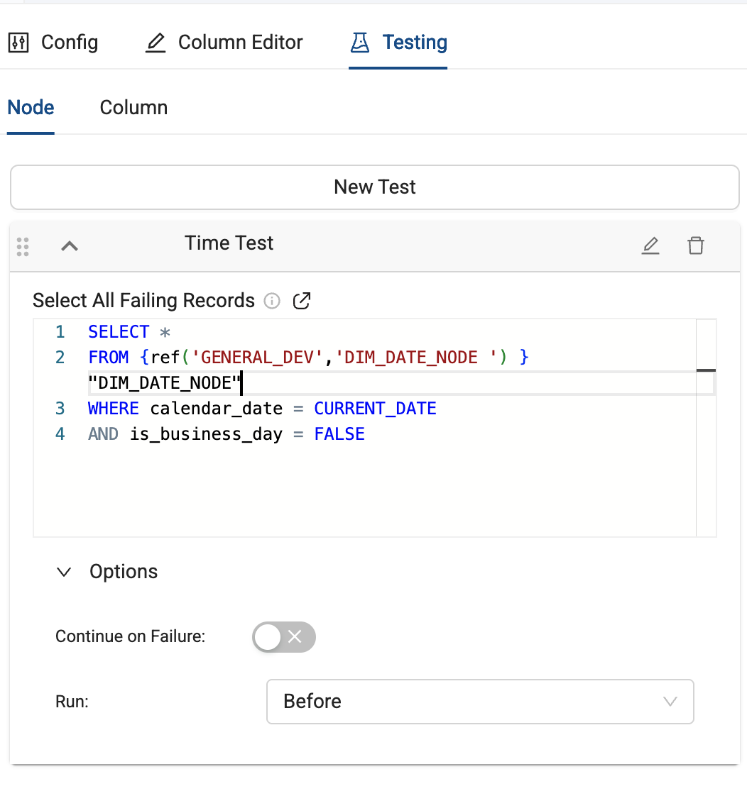 A screenshot of the Testing tab within the Coalesce application, showing a SQL query for a data quality test named Time Test. The query is designed to select all failing records from a specific data node.